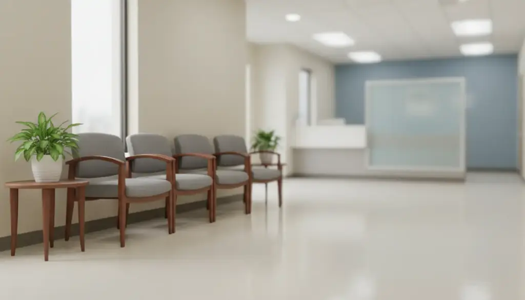An empty row of waiting room chairs against a pale wall in flat daylight