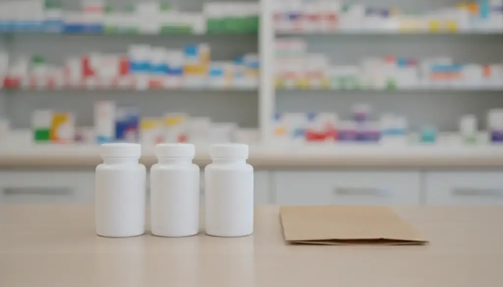 A pharmacy counter seen from the customer side, plain bottles and a paper bag