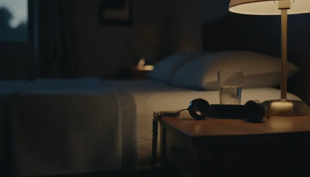A landline handset resting on a bedside table beside a glass of water, lamp light